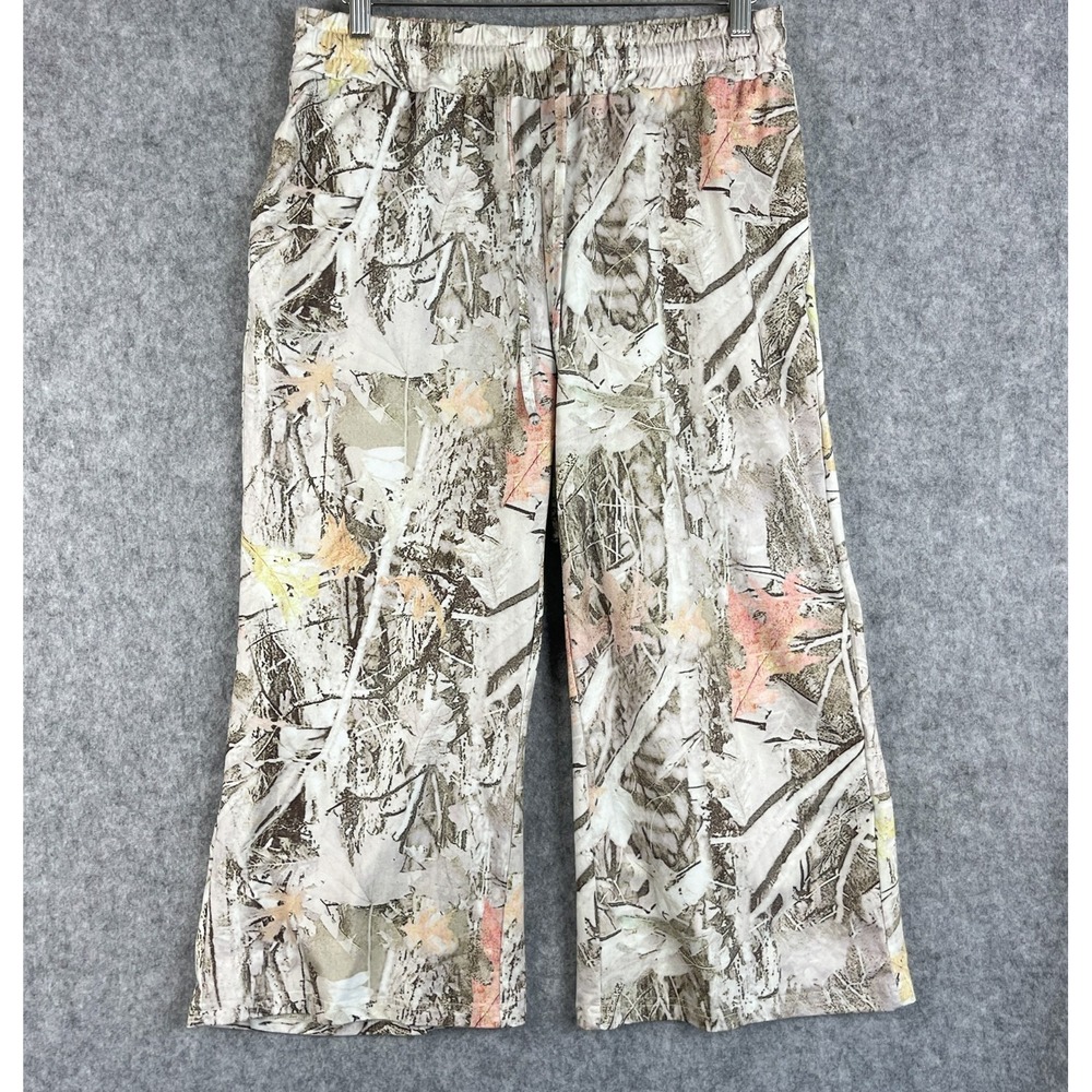 TARSE Camo‎ Flannel Pant Womens Medium Wide Leg Drawstring Cropped Cozy Lounge